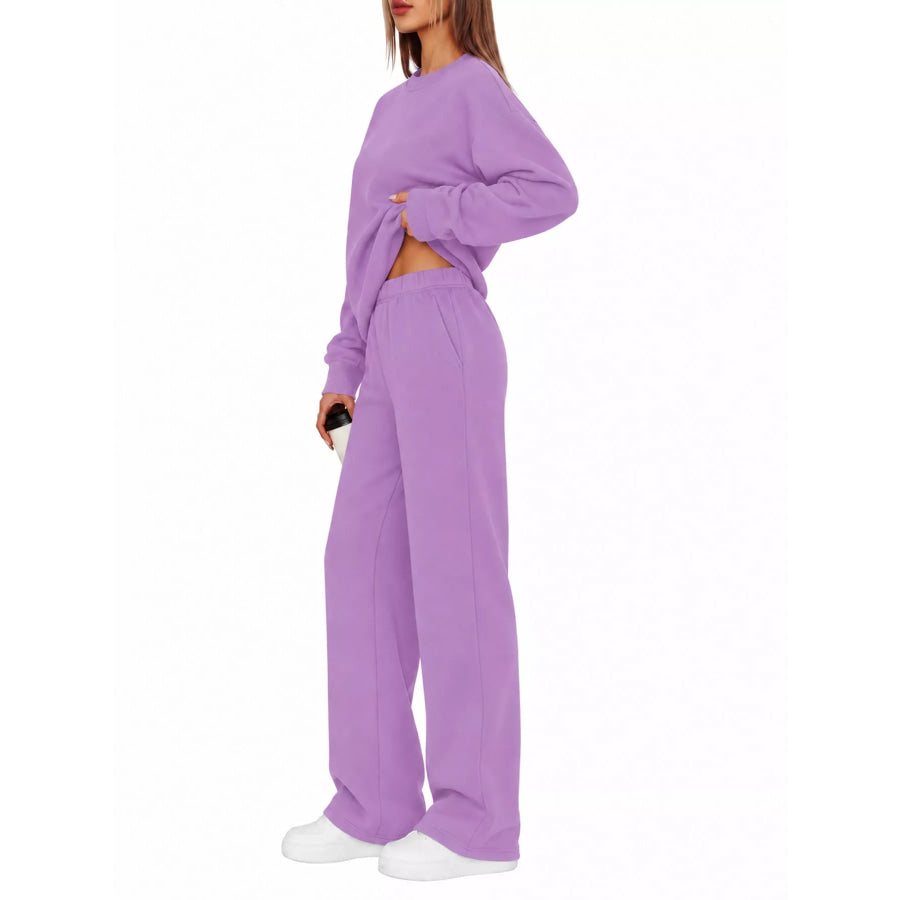 Crewneck Drop Shoulder Sweatshirt and Wide-Leg Pants Set Light Purple / S Apparel Accessories