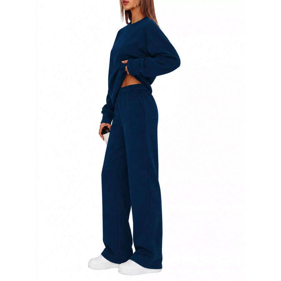 Crewneck Drop Shoulder Sweatshirt and Wide-Leg Pants Set Navy / S Apparel Accessories