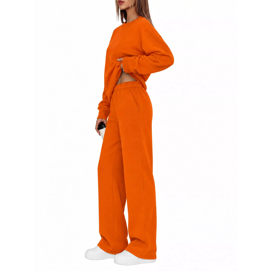 Crewneck Drop Shoulder Sweatshirt and Wide-Leg Pants Set Orange / S Apparel Accessories
