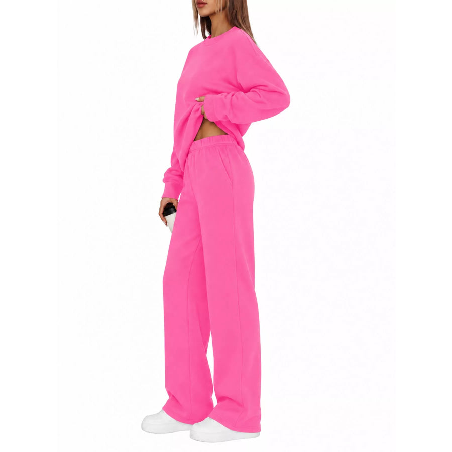 Crewneck Drop Shoulder Sweatshirt and Wide-Leg Pants Set Pink / S Apparel Accessories