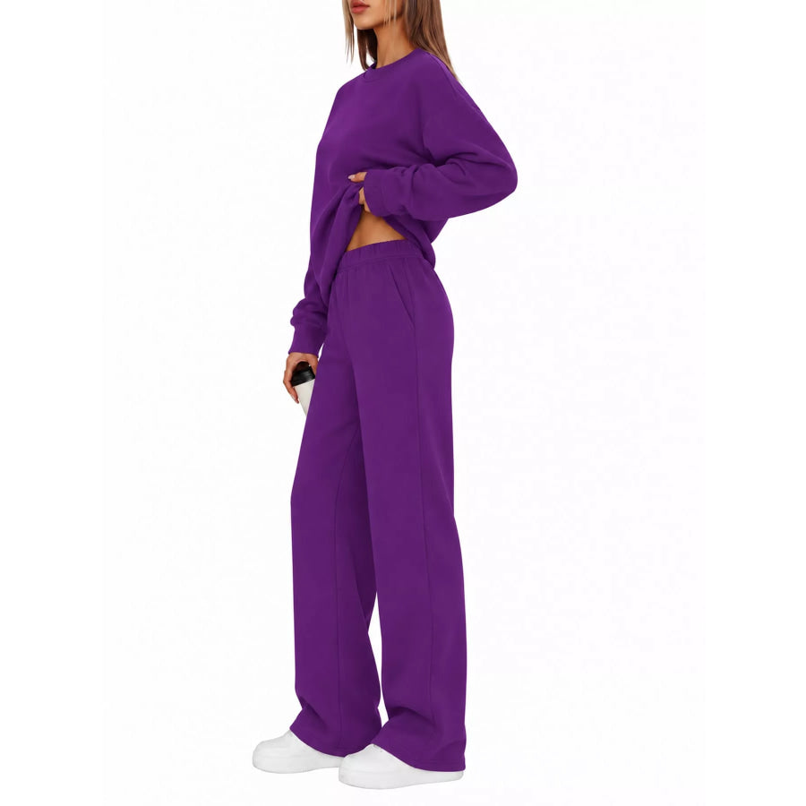 Crewneck Drop Shoulder Sweatshirt and Wide-Leg Pants Set Purple / S Apparel Accessories