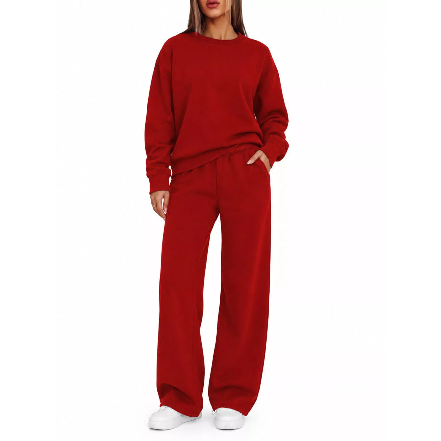 Crewneck Drop Shoulder Sweatshirt and Wide-Leg Pants Set Red / S Apparel Accessories