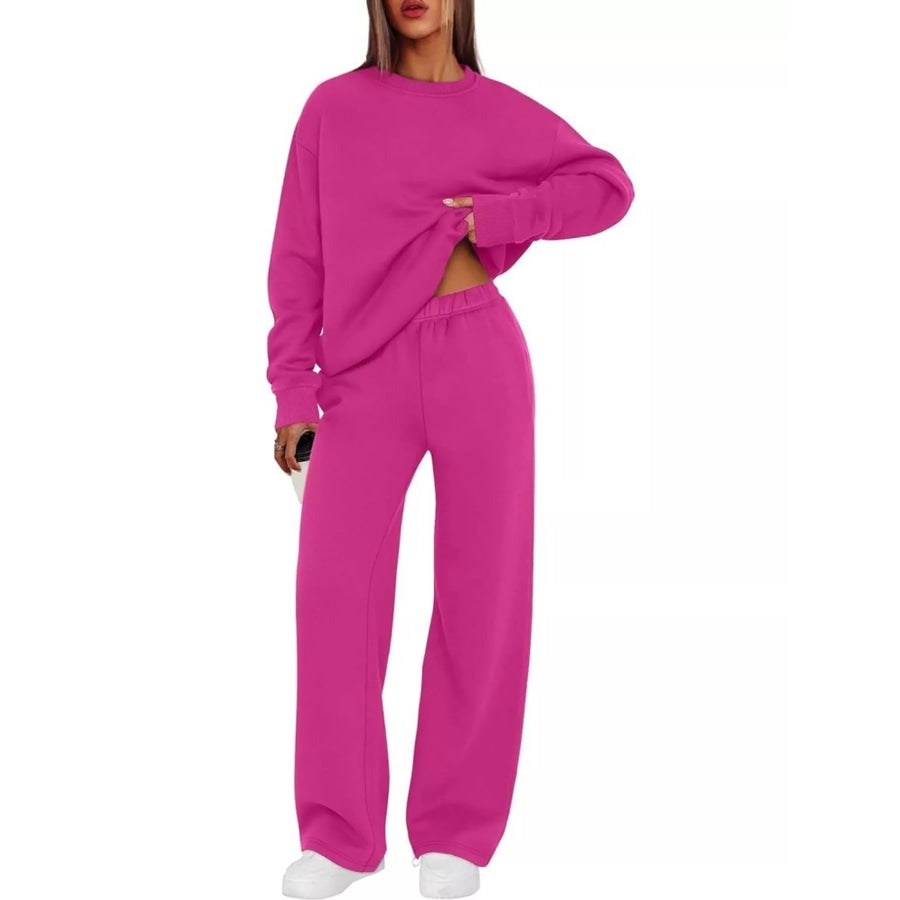 Crewneck Drop Shoulder Sweatshirt and Wide-Leg Pants Set Rose Red / S Apparel Accessories