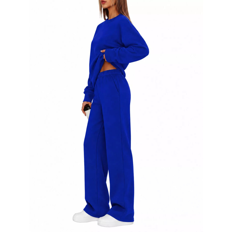 Crewneck Drop Shoulder Sweatshirt and Wide-Leg Pants Set Royal Blue / S Apparel Accessories