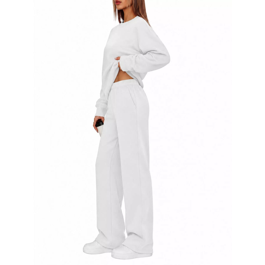Crewneck Drop Shoulder Sweatshirt and Wide-Leg Pants Set White / S Apparel Accessories