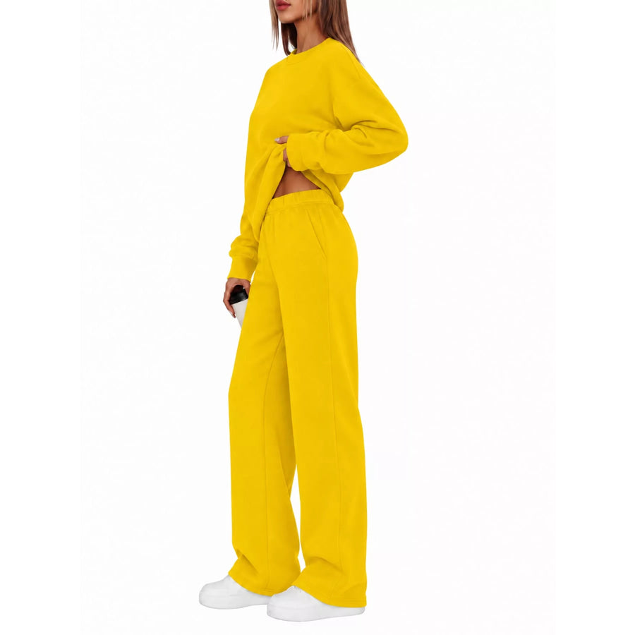 Crewneck Drop Shoulder Sweatshirt and Wide-Leg Pants Set Yellow / S Apparel Accessories