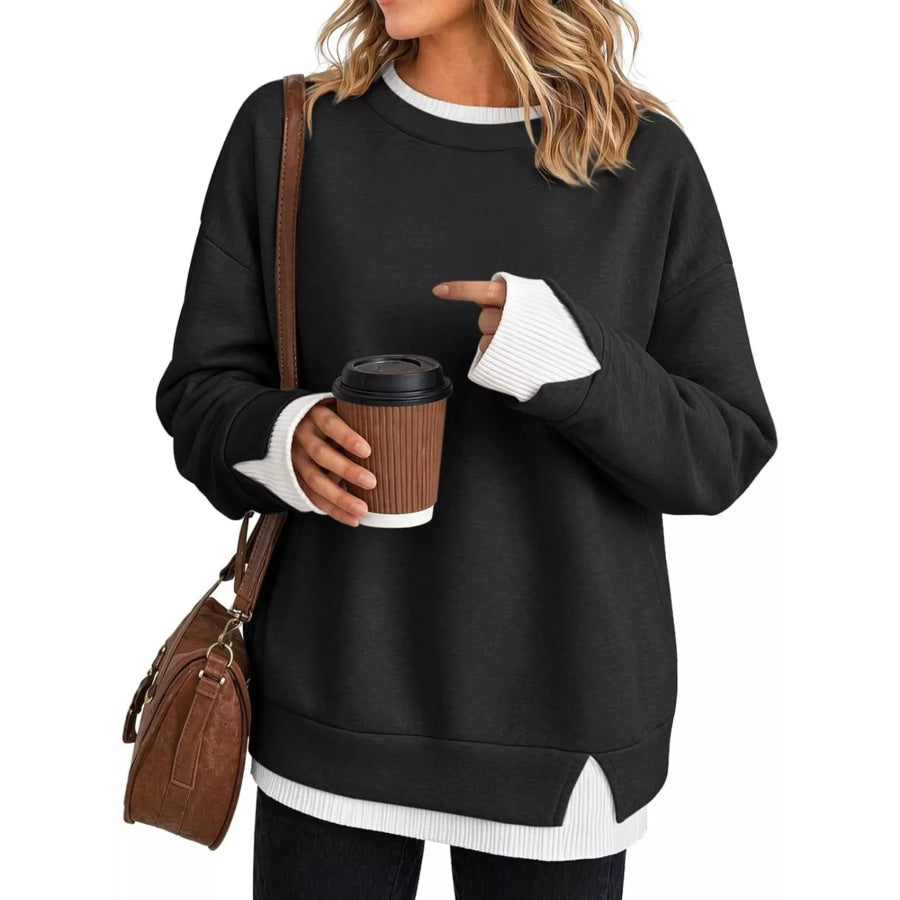 Crewneck Sweatshirt with Contrast Ribbed Trim Black / S Apparel and Accessories
