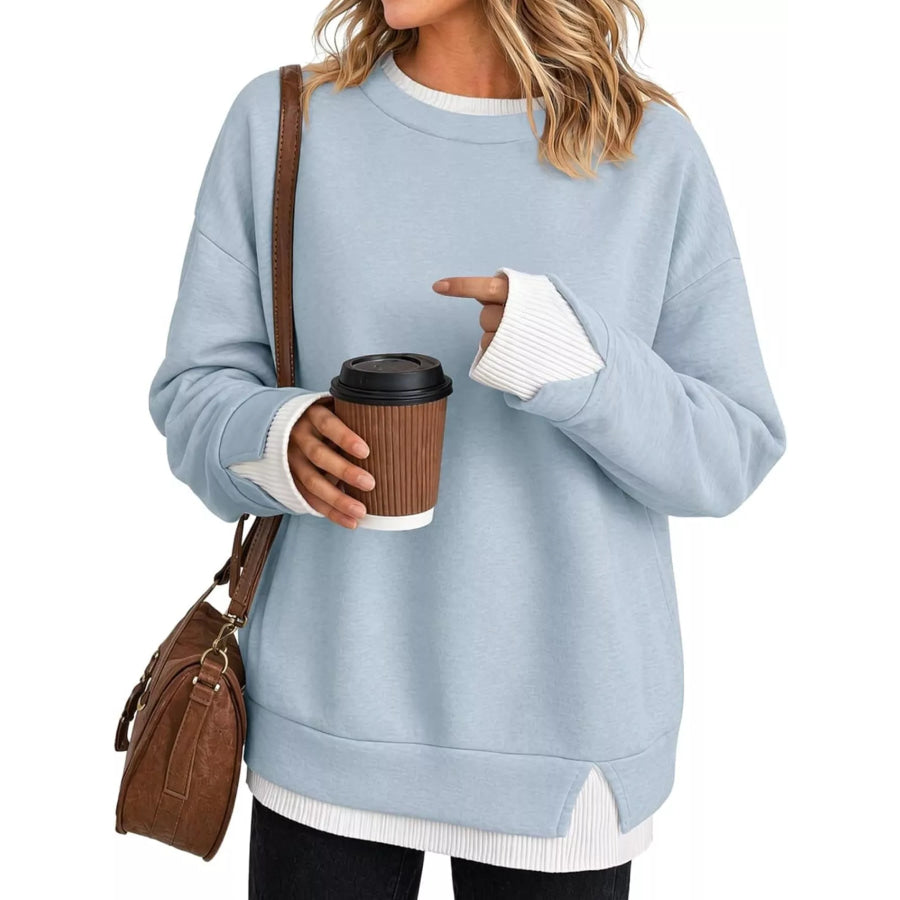 Crewneck Sweatshirt with Contrast Ribbed Trim Light Blue / S Apparel and Accessories