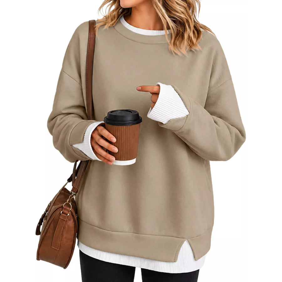 Crewneck Sweatshirt with Contrast Ribbed Trim Mocha / S Apparel and Accessories