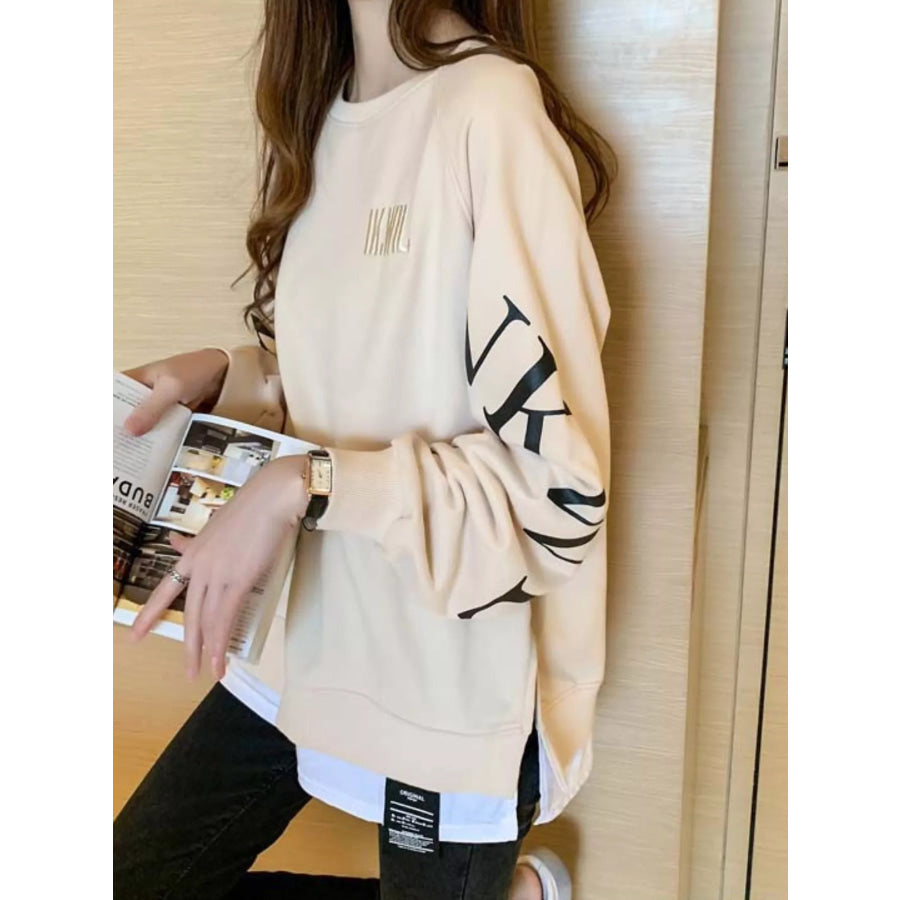 Crewneck Sweatshirt with Layered Hem and Graphic Sleeve Detail Apparel Accessories
