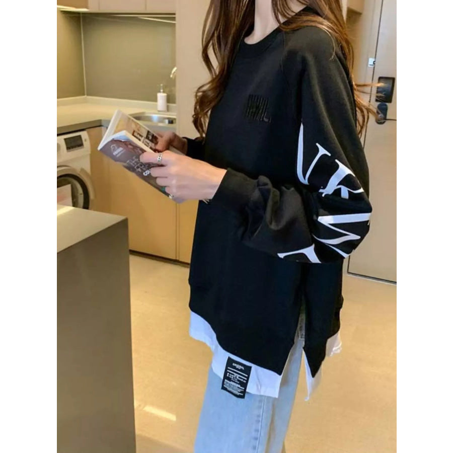 Crewneck Sweatshirt with Layered Hem and Graphic Sleeve Detail Apparel Accessories
