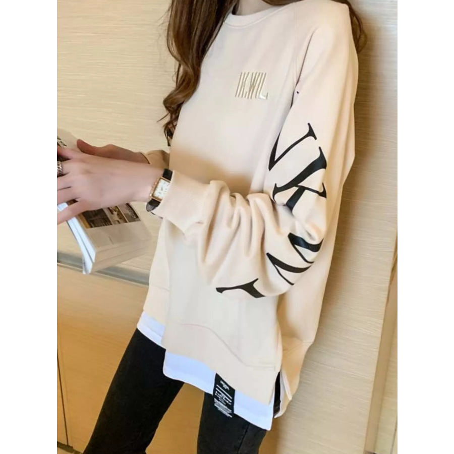 Crewneck Sweatshirt with Layered Hem and Graphic Sleeve Detail Apparel Accessories