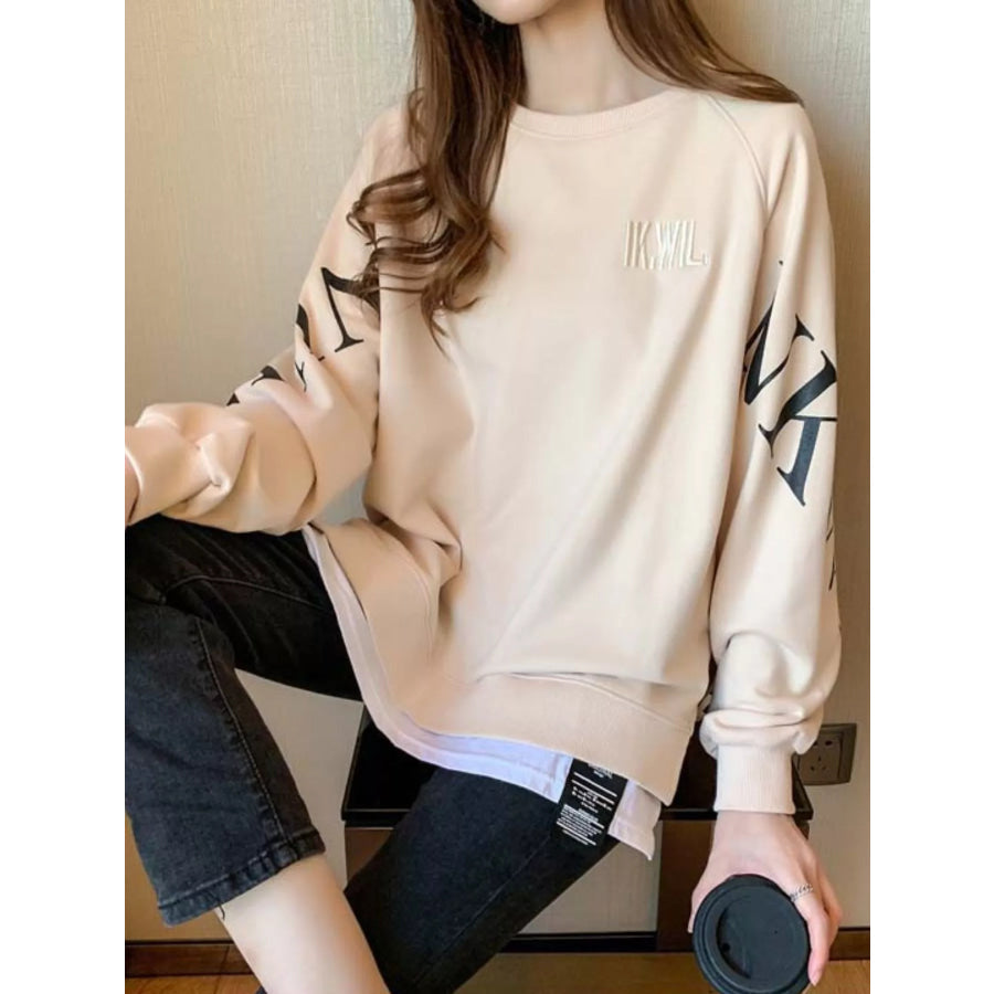Crewneck Sweatshirt with Layered Hem and Graphic Sleeve Detail Apparel Accessories