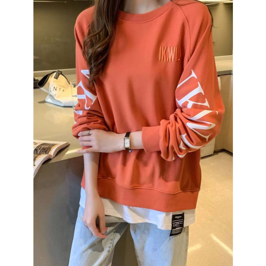 Crewneck Sweatshirt with Layered Hem and Graphic Sleeve Detail Apparel Accessories