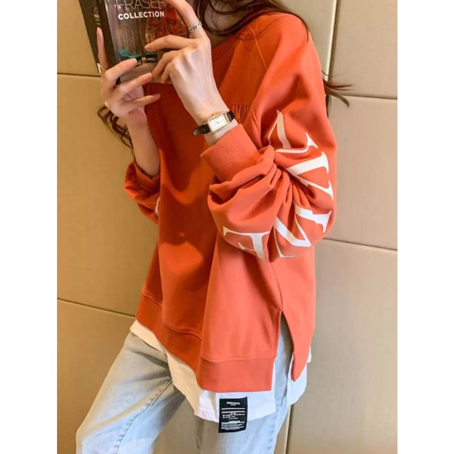 Crewneck Sweatshirt with Layered Hem and Graphic Sleeve Detail Apparel Accessories