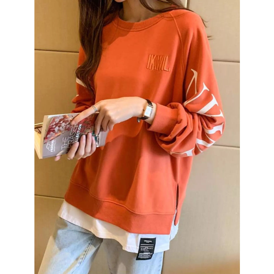 Crewneck Sweatshirt with Layered Hem and Graphic Sleeve Detail Apparel Accessories