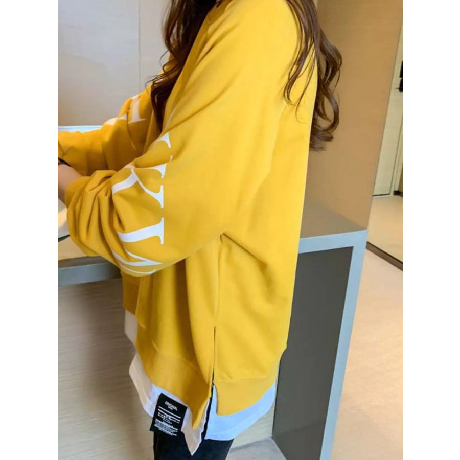 Crewneck Sweatshirt with Layered Hem and Graphic Sleeve Detail Apparel Accessories