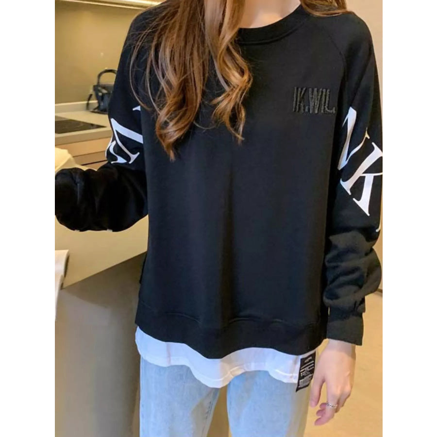 Crewneck Sweatshirt with Layered Hem and Graphic Sleeve Detail Apparel Accessories