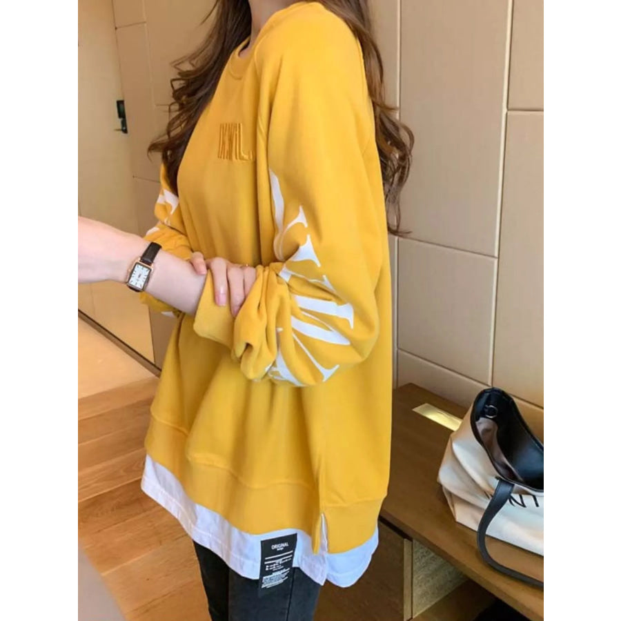 Crewneck Sweatshirt with Layered Hem and Graphic Sleeve Detail Apparel Accessories