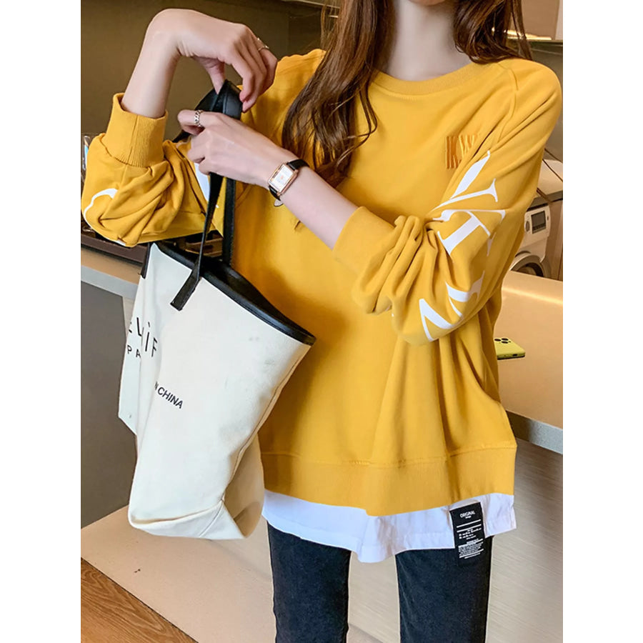 Crewneck Sweatshirt with Layered Hem and Graphic Sleeve Detail Apparel Accessories