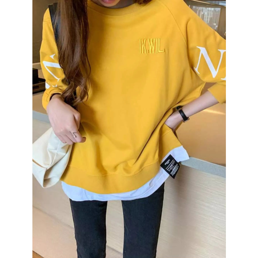 Crewneck Sweatshirt with Layered Hem and Graphic Sleeve Detail Apparel Accessories