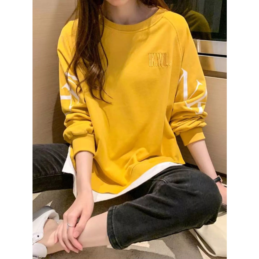 Crewneck Sweatshirt with Layered Hem and Graphic Sleeve Detail Apparel Accessories