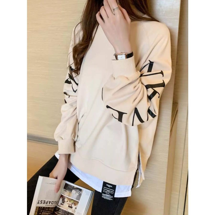 Crewneck Sweatshirt with Layered Hem and Graphic Sleeve Detail Apparel Accessories