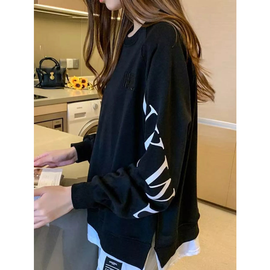 Crewneck Sweatshirt with Layered Hem and Graphic Sleeve Detail Apparel Accessories