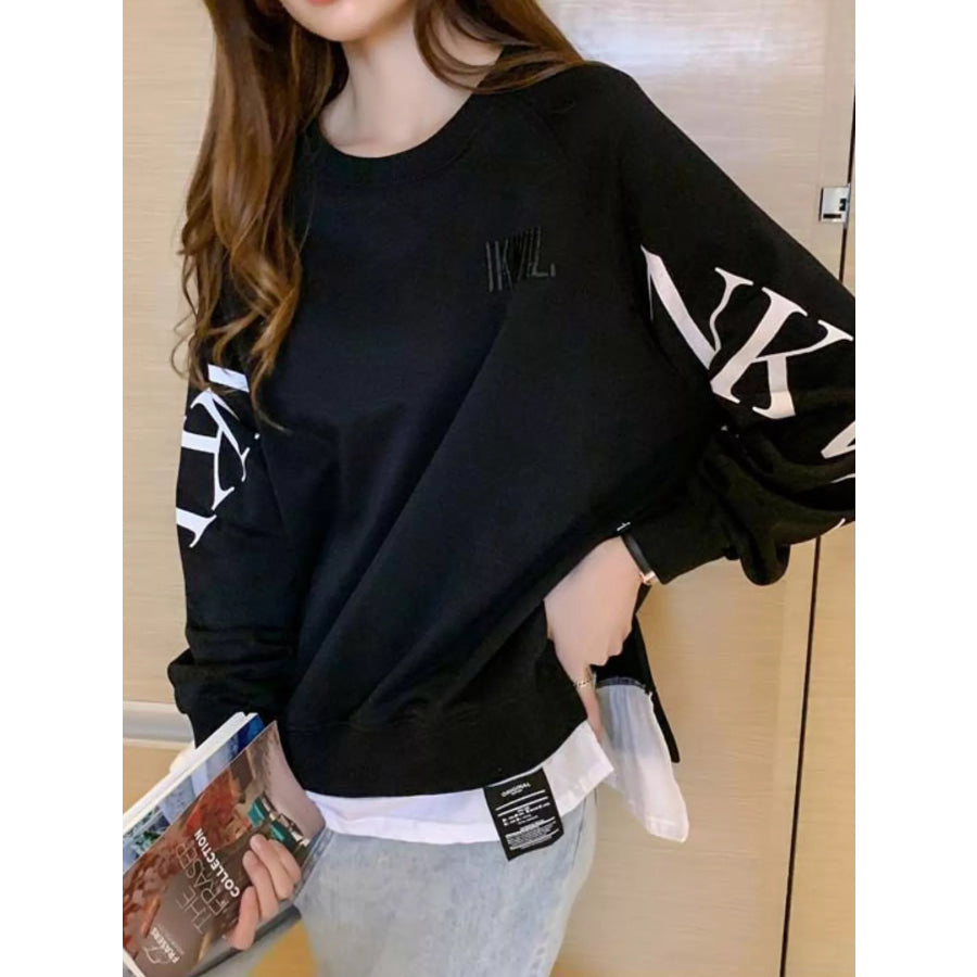 Crewneck Sweatshirt with Layered Hem and Graphic Sleeve Detail Apparel Accessories