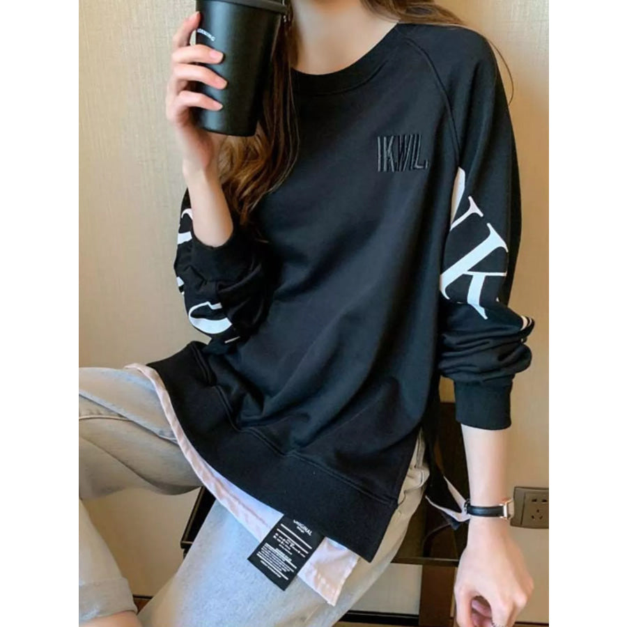 Crewneck Sweatshirt with Layered Hem and Graphic Sleeve Detail Apparel Accessories