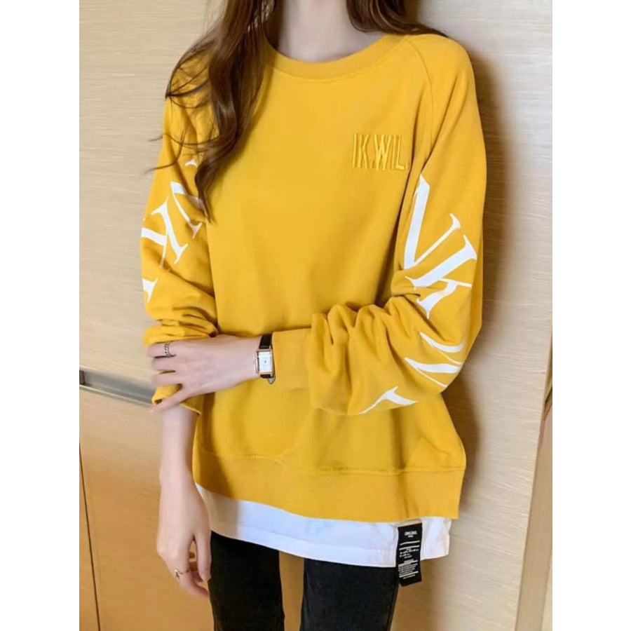 Crewneck Sweatshirt with Layered Hem and Graphic Sleeve Detail Apparel Accessories