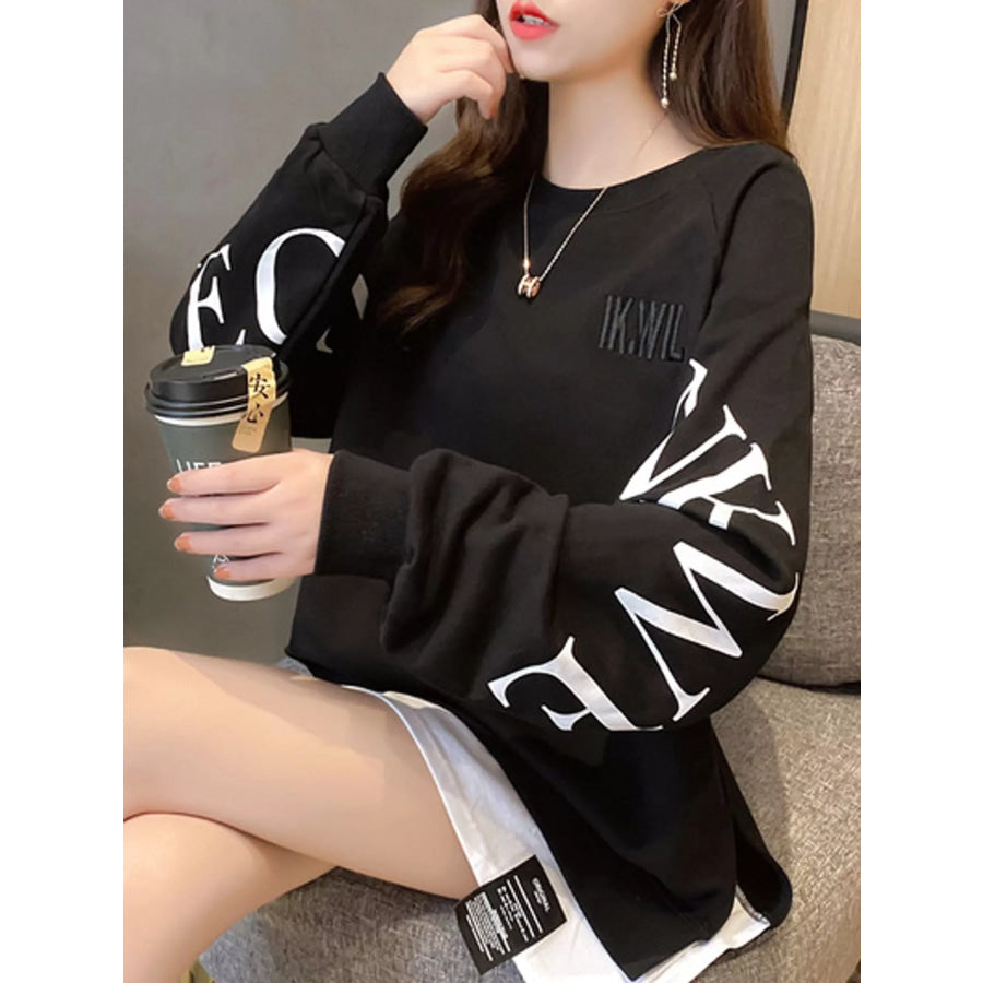 Crewneck Sweatshirt with Layered Hem and Graphic Sleeve Detail Apparel Accessories