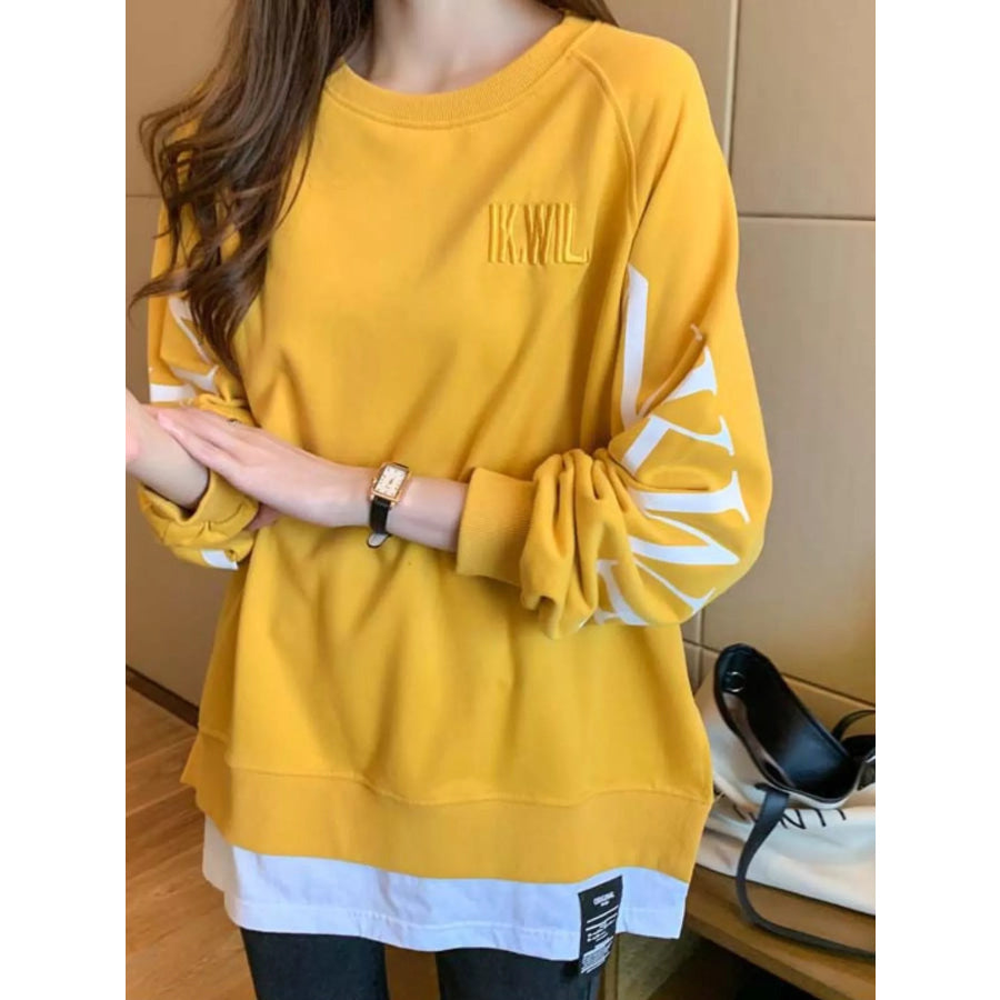 Crewneck Sweatshirt with Layered Hem and Graphic Sleeve Detail Apparel Accessories