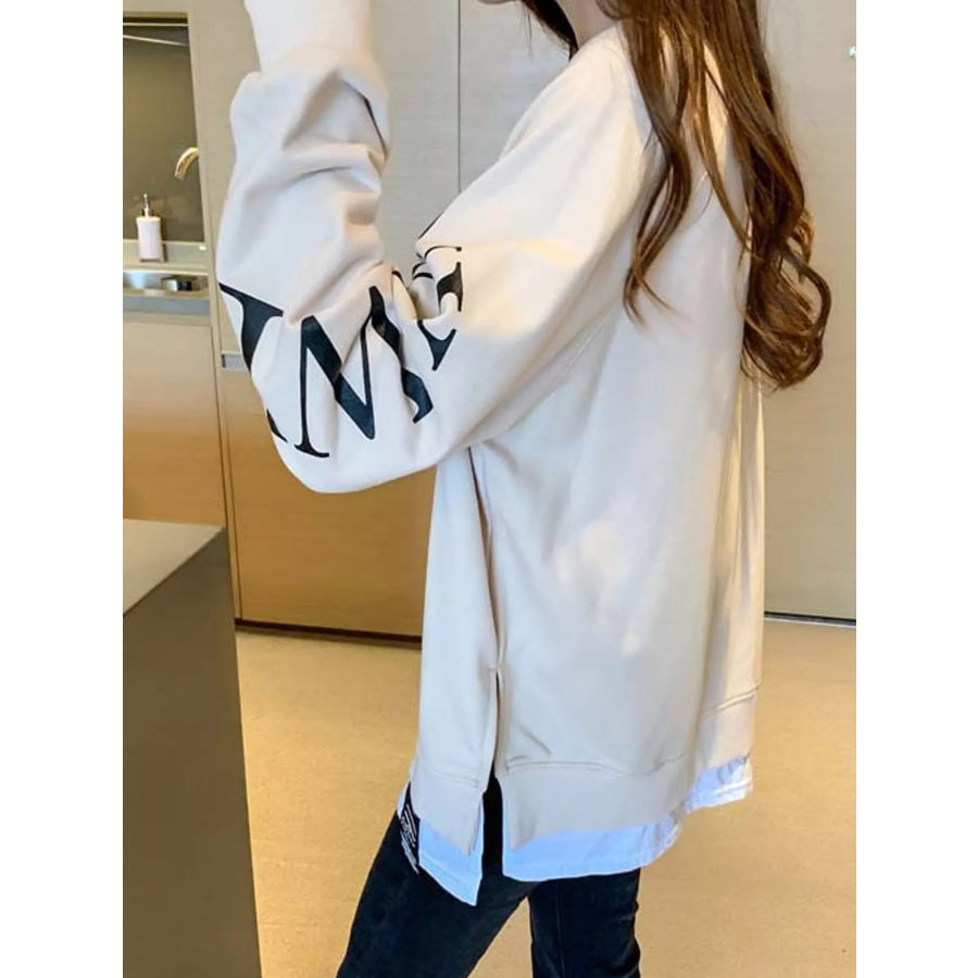 Crewneck Sweatshirt with Layered Hem and Graphic Sleeve Detail Apparel Accessories