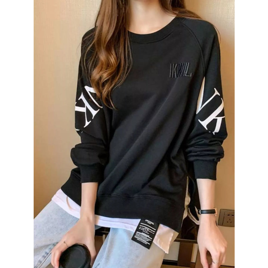 Crewneck Sweatshirt with Layered Hem and Graphic Sleeve Detail Apparel Accessories