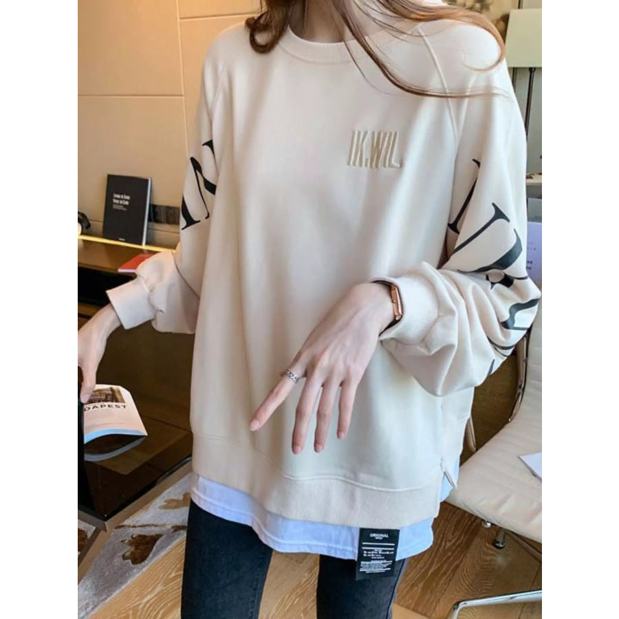 Crewneck Sweatshirt with Layered Hem and Graphic Sleeve Detail Apparel Accessories