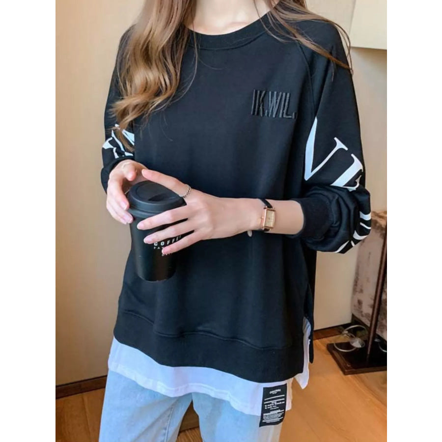 Crewneck Sweatshirt with Layered Hem and Graphic Sleeve Detail Apparel Accessories