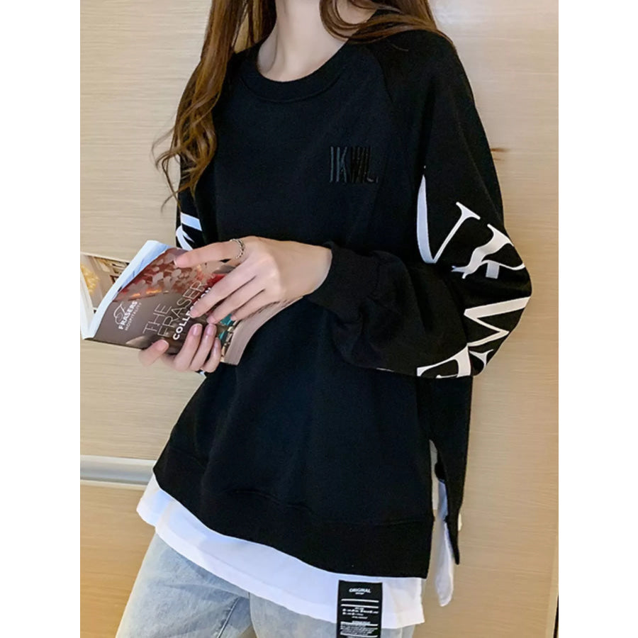 Crewneck Sweatshirt with Layered Hem and Graphic Sleeve Detail Apparel Accessories