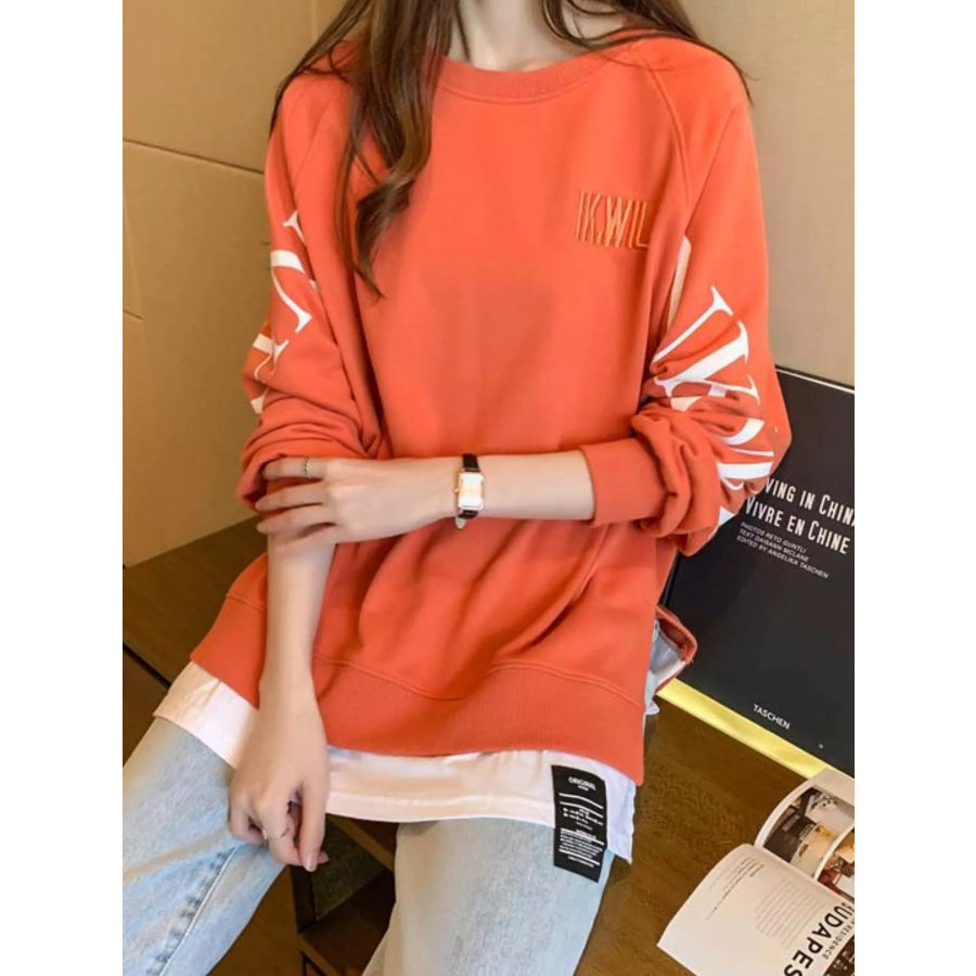 Crewneck Sweatshirt with Layered Hem and Graphic Sleeve Detail Apparel Accessories