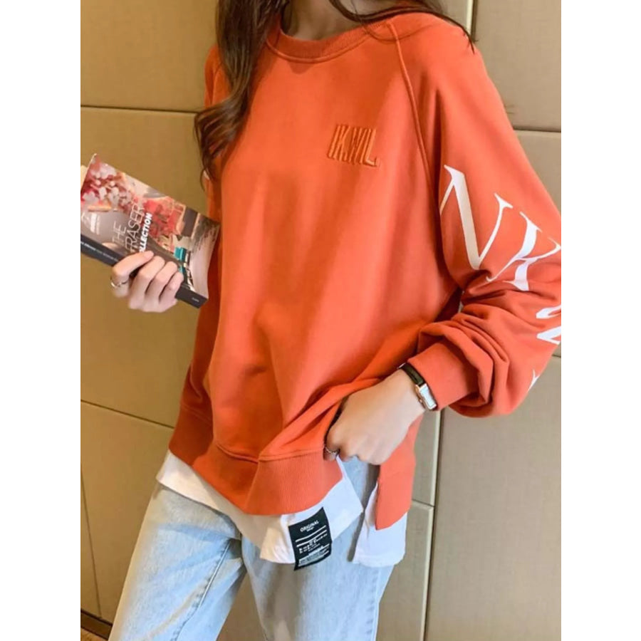 Crewneck Sweatshirt with Layered Hem and Graphic Sleeve Detail Apparel Accessories