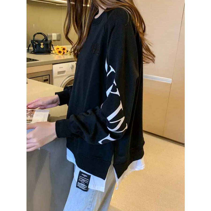 Crewneck Sweatshirt with Layered Hem and Graphic Sleeve Detail Apparel Accessories