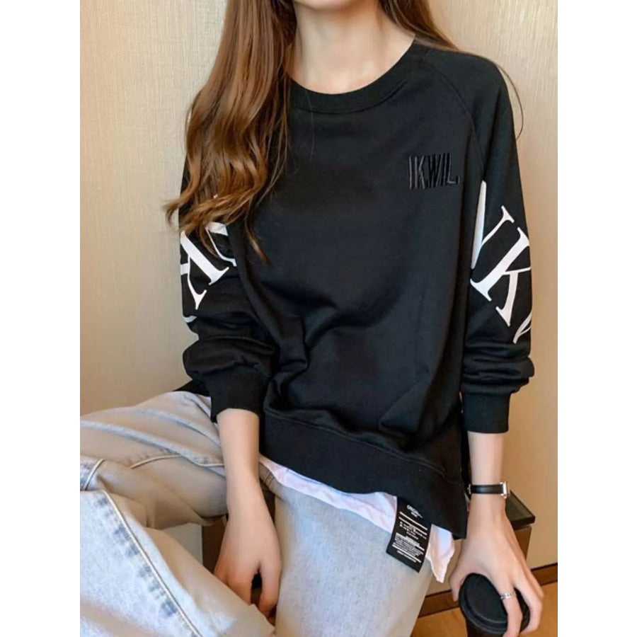 Crewneck Sweatshirt with Layered Hem and Graphic Sleeve Detail Apparel Accessories