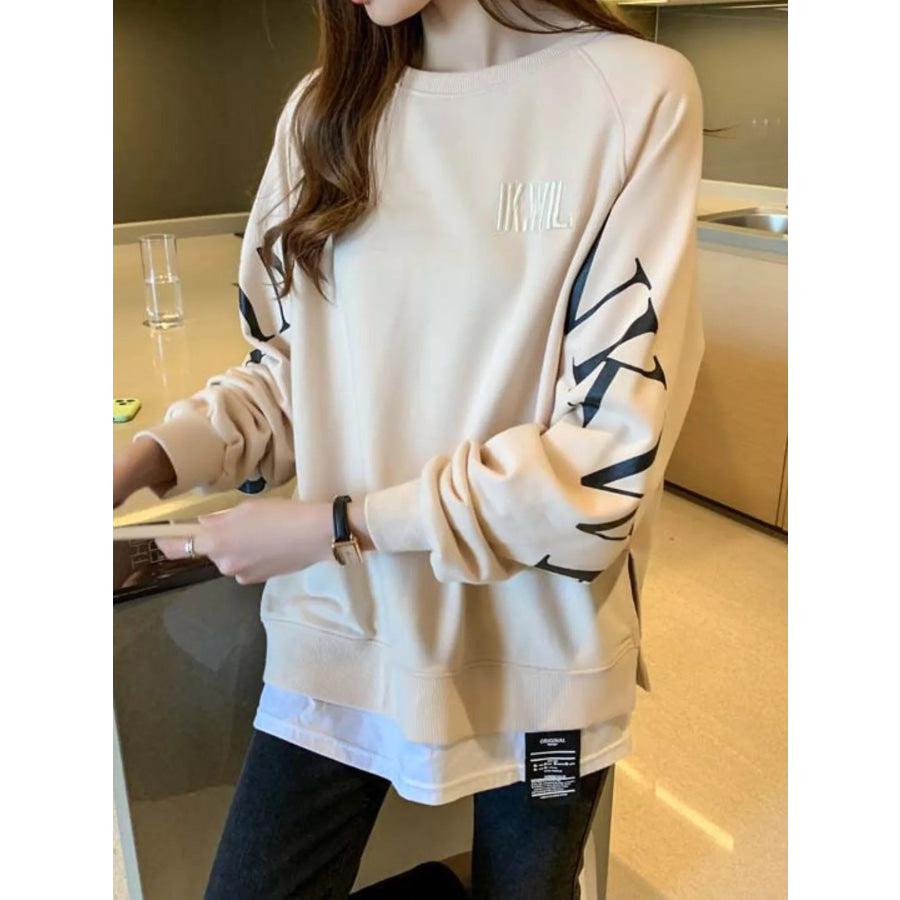 Crewneck Sweatshirt with Layered Hem and Graphic Sleeve Detail Apparel Accessories