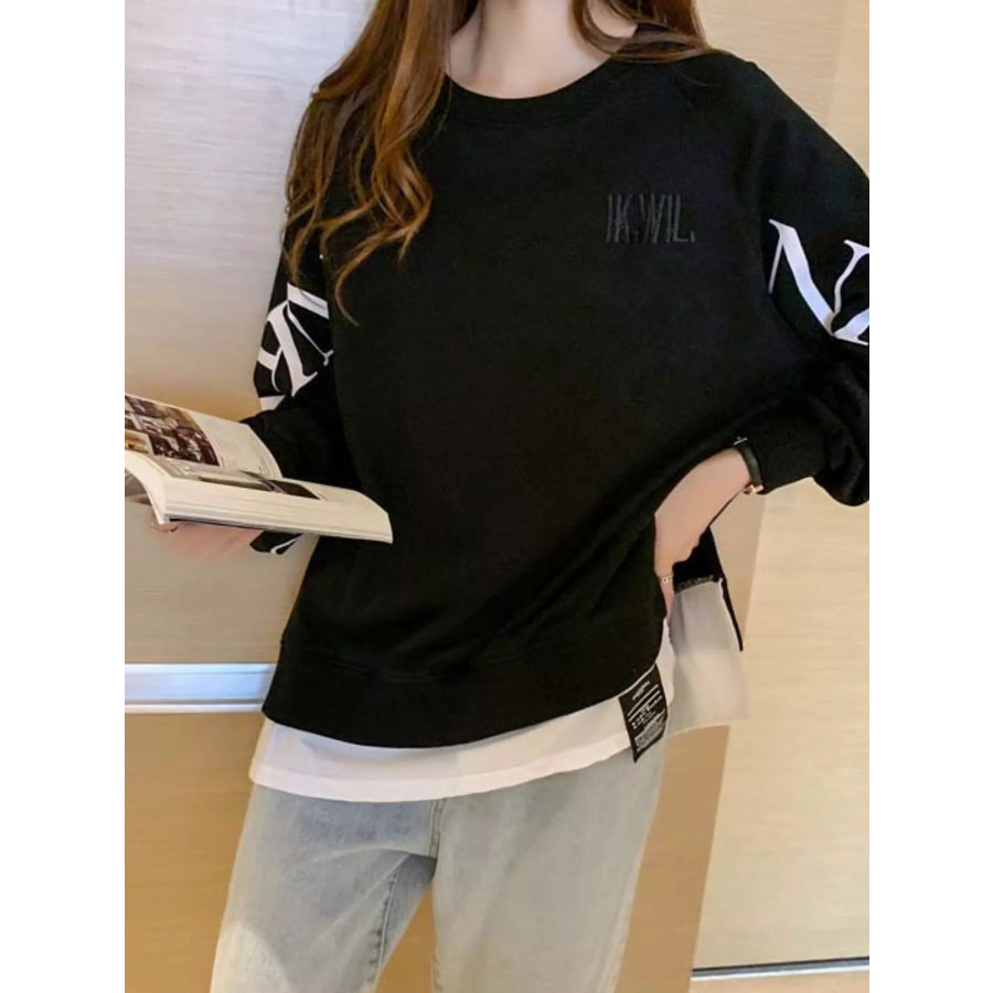 Crewneck Sweatshirt with Layered Hem and Graphic Sleeve Detail Apparel Accessories