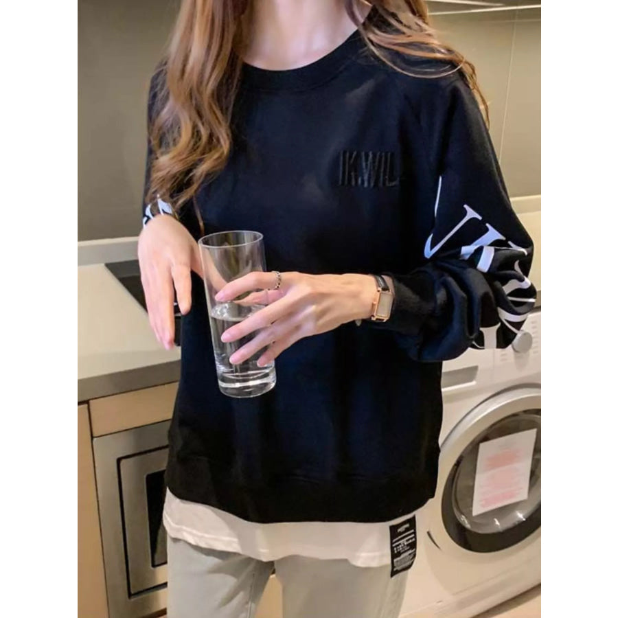 Crewneck Sweatshirt with Layered Hem and Graphic Sleeve Detail Apparel Accessories