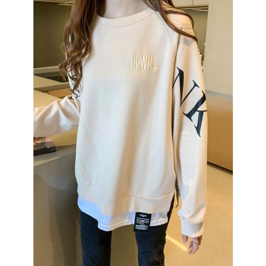 Crewneck Sweatshirt with Layered Hem and Graphic Sleeve Detail Apricot / M Apparel Accessories