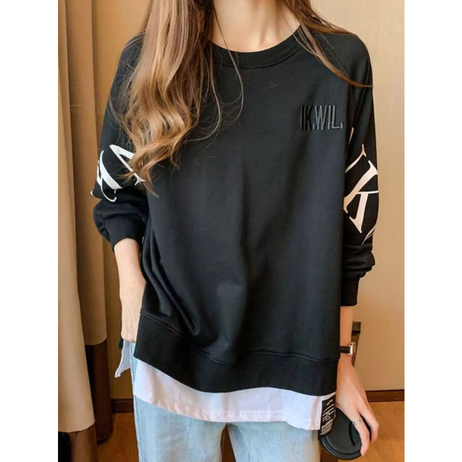 Crewneck Sweatshirt with Layered Hem and Graphic Sleeve Detail Black / M Apparel Accessories