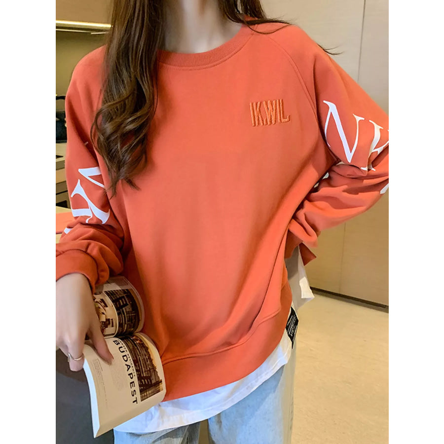 Crewneck Sweatshirt with Layered Hem and Graphic Sleeve Detail Orange / M Apparel Accessories