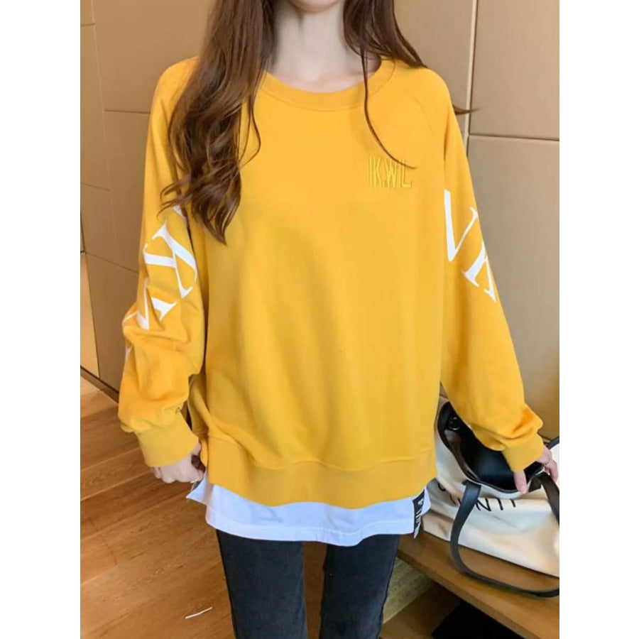 Crewneck Sweatshirt with Layered Hem and Graphic Sleeve Detail Yellow / M Apparel Accessories