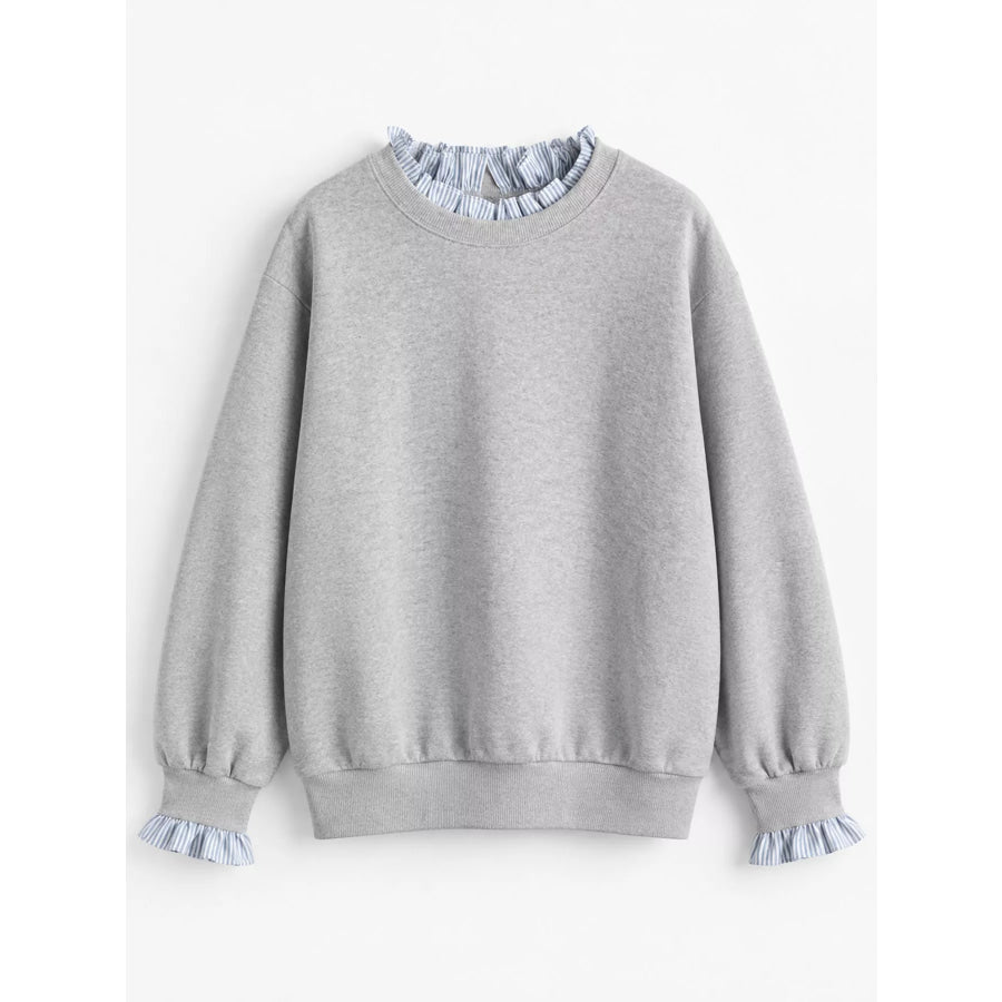 Crewneck Sweatshirt with Striped Ruffle Cuffs Light Gray / M Apparel and Accessories